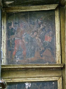 Imagen del interior de la iglesia de Villacil, La Sobarriba, con cuadros de escenas de la biblia