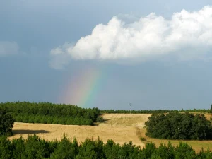 Arcoíris entre nubes sobre el campo en la Ruta D de La Sobarriba (León)